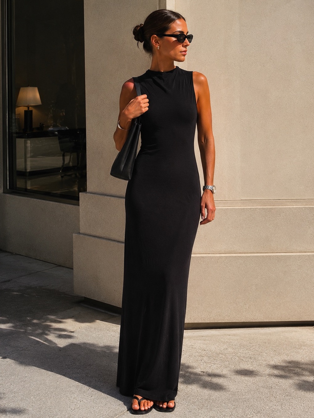FORE Black Asymmetrical Mock Neck Sleeveless Maxi Dress Stretch Knit Minimalist